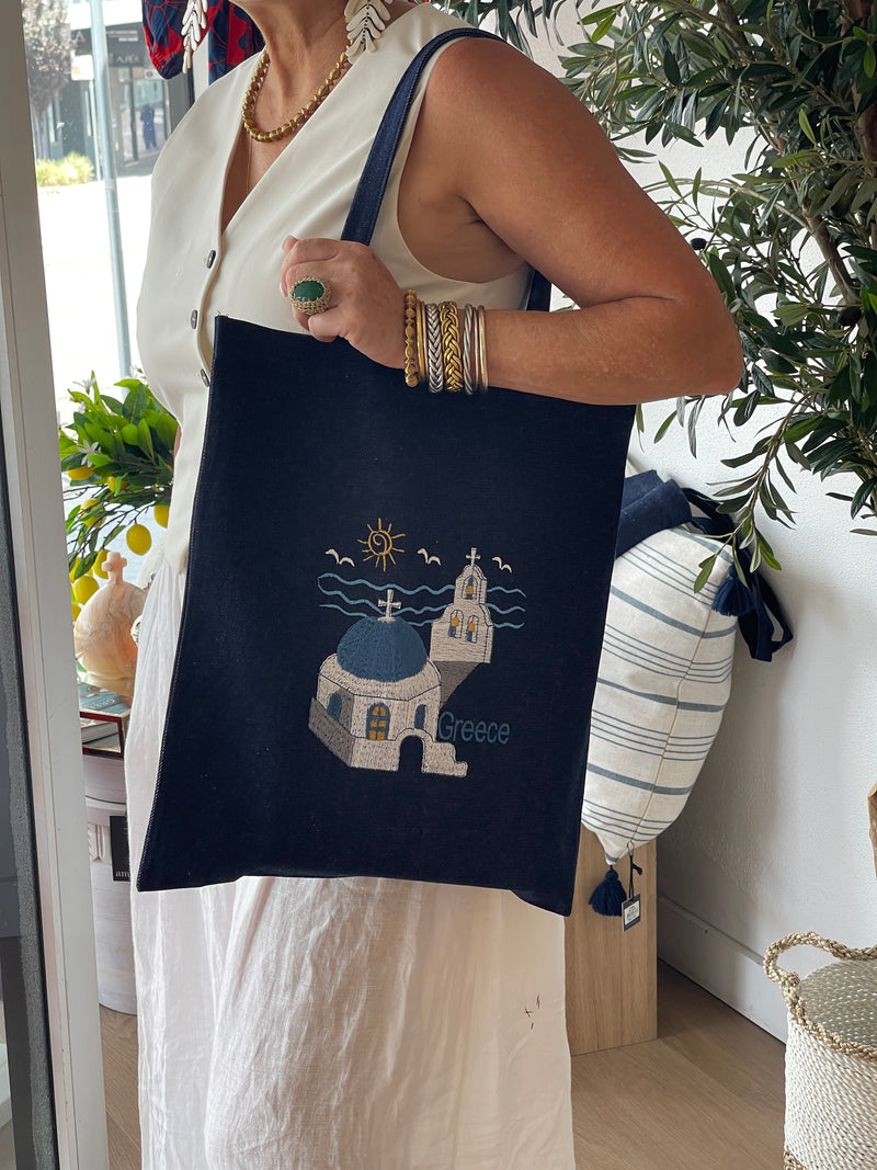 Greek Denim Fabric Tote