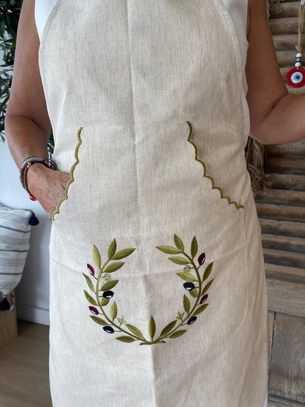 Greek Cotton Olive Wreath Apron -Natural