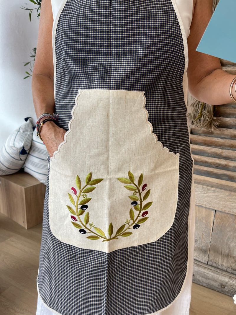 Greek Cotton Olive Wreath Apron -Navy Check