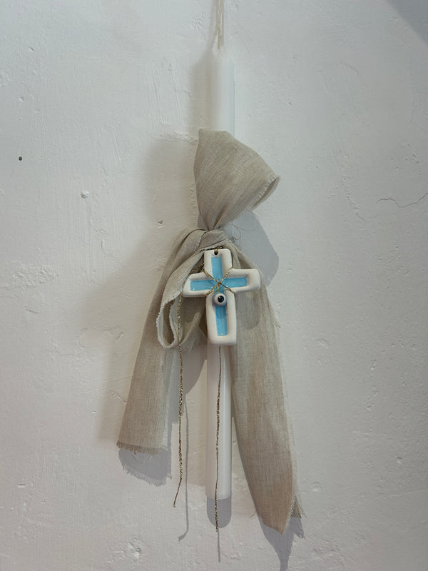 Long Easter Candle with Blue ceramic cross and linen ribbon 