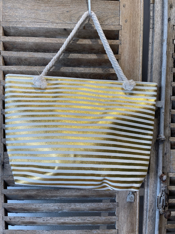 Greek Striped Tote Beach Bag - Metallic Gold