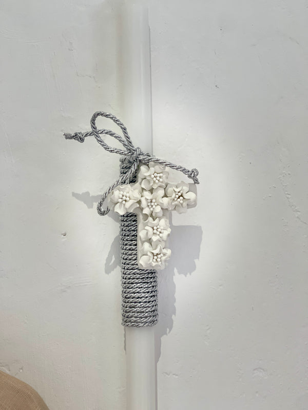 Greek Easter Lambatha Candle with white floral cross and silver rope