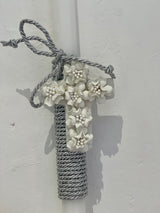 Greek Easter Lambatha Candle with white floral cross and silver rope