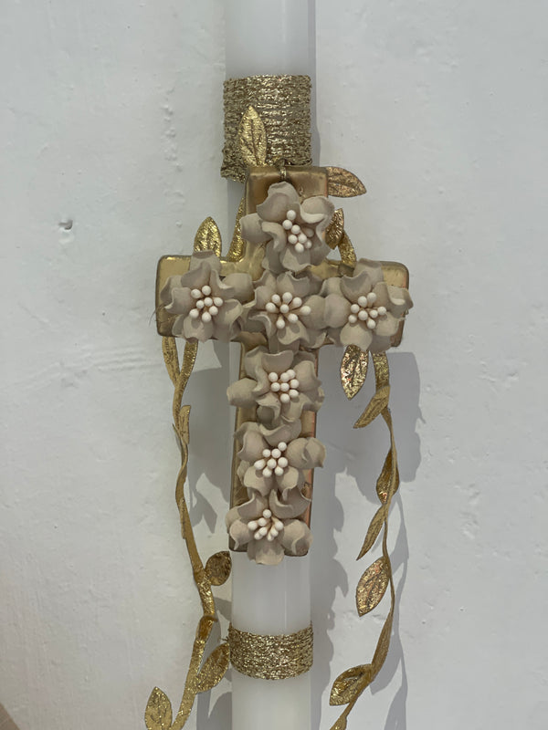Greek Easter Lambatha Candle with gold floral cross and gold rope