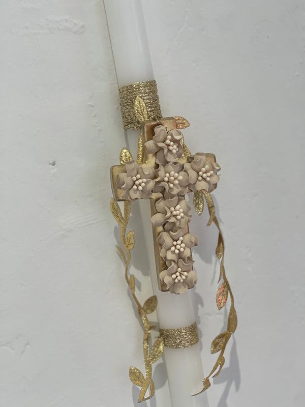 Greek Easter Lambatha Candle with gold floral cross and gold rope