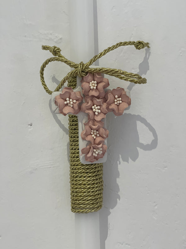Greek Easter Lambatha Candle with white and pink floral cross and gold rope