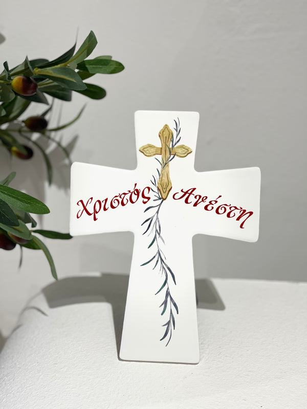 Ceramic Christ Has Risen Standing Cross