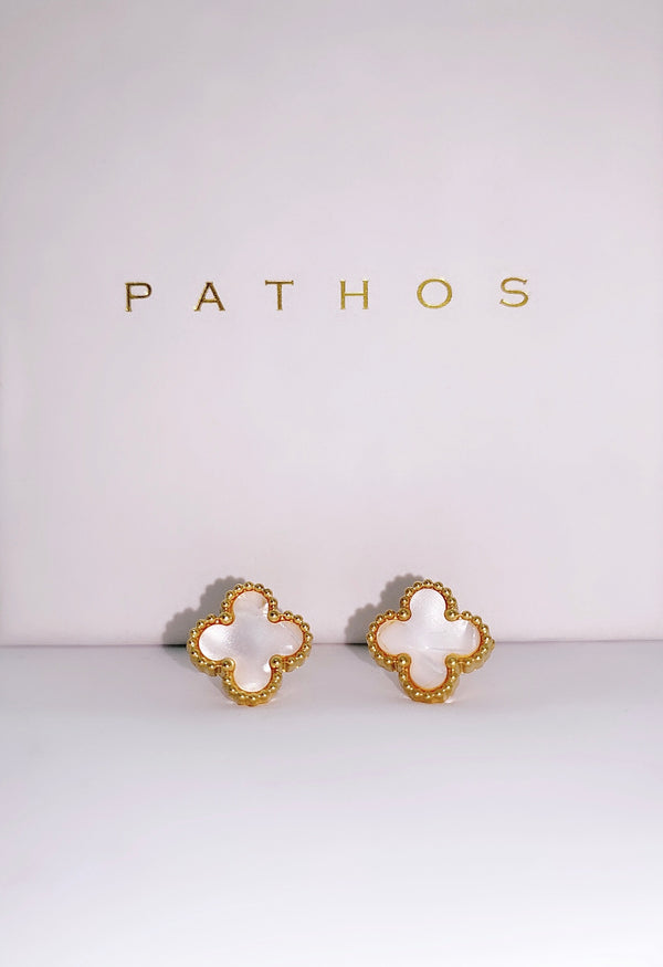 Santorini Gold Clover Earrings - White