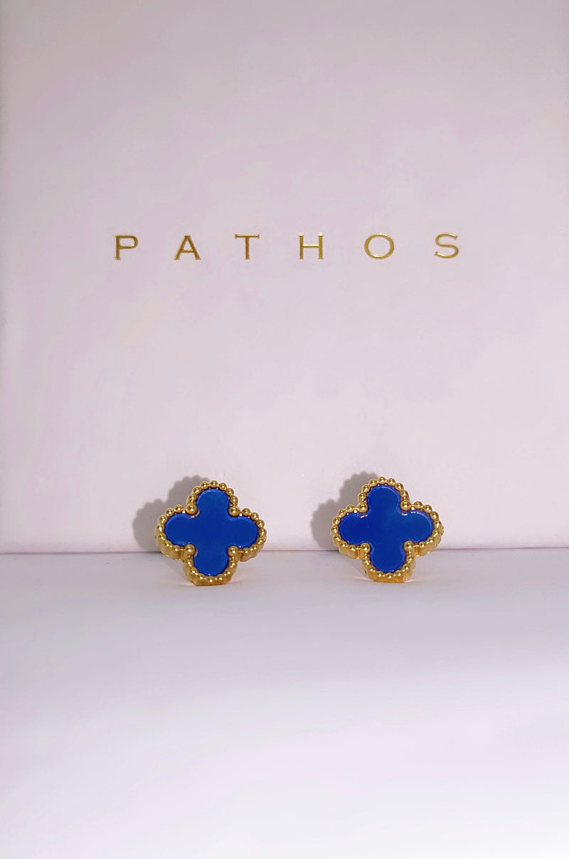 Santorini Gold Clover Earrings - Blue
