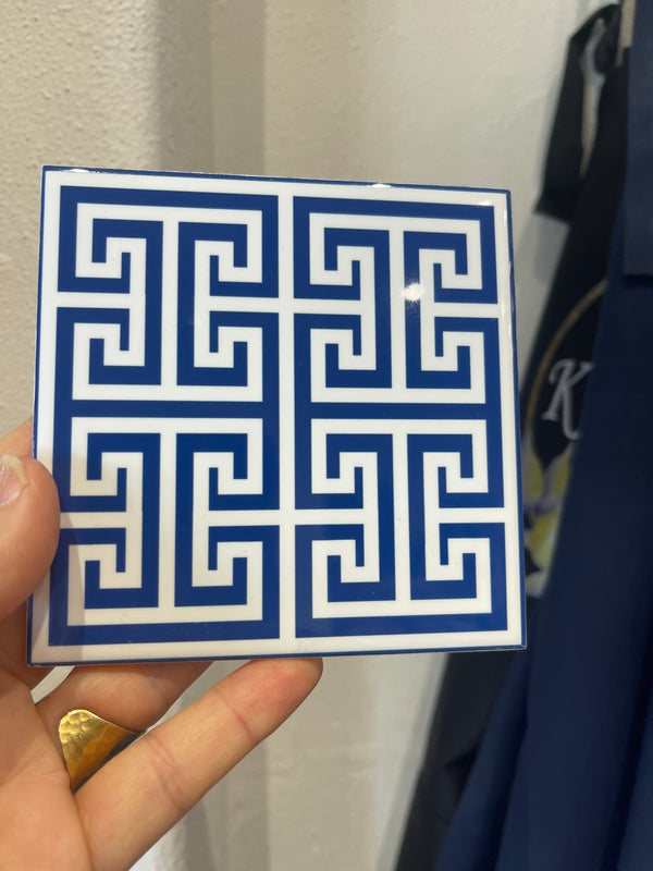 Greek Key in Blue Ceramic Coaster