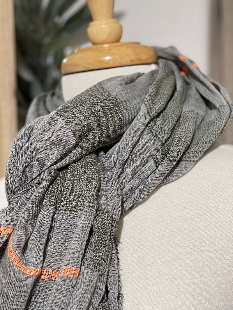 Greek Cotton Scarf - Grey, Olive & Thin Orange Stripe