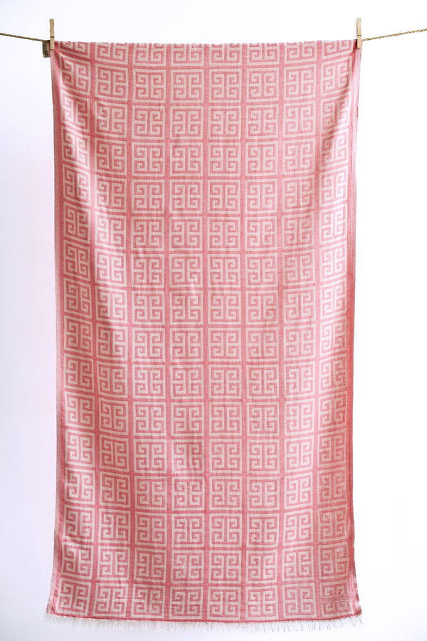 Greek Cotton beach towel in Pink with white Greek Key (meandros) design. LIghtweight, absorbant and perfect for the beach.