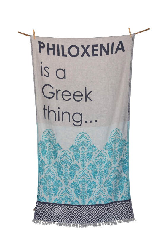 Philoxenia Turquoise/Navy Blue Luxury Greek Cotton Beach Towel - Aelia Anna