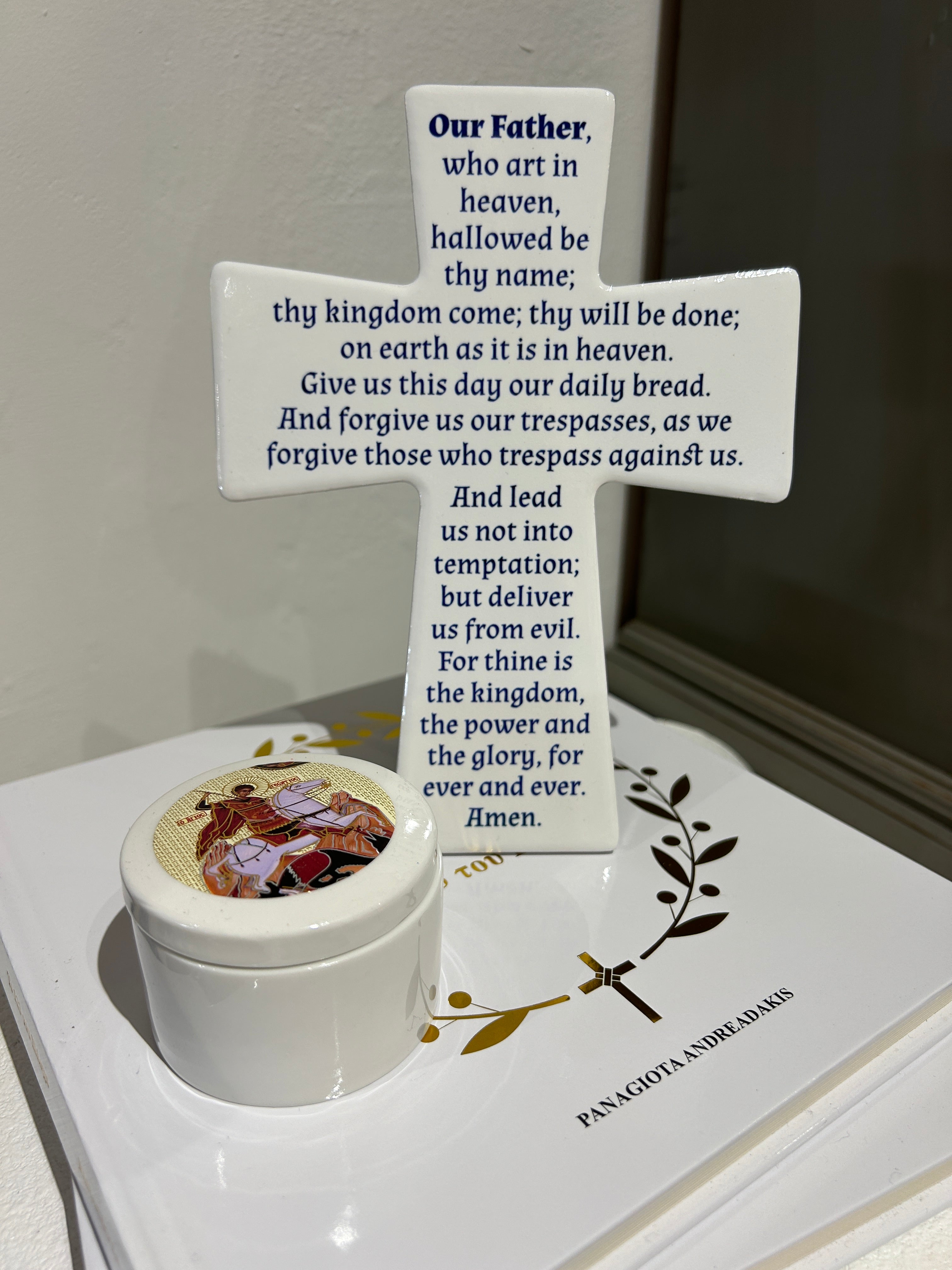 Ceramic English Lord's Prayer Standing Cross - Blue Writing – Greek Cargo