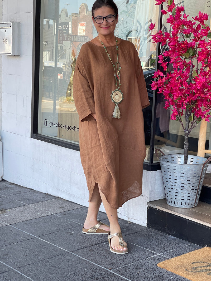 Diane Linen Midi Dress in Cinnamon