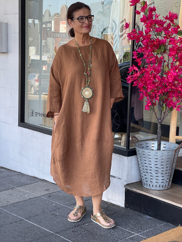 Diane Linen Midi Dress in Cinnamon