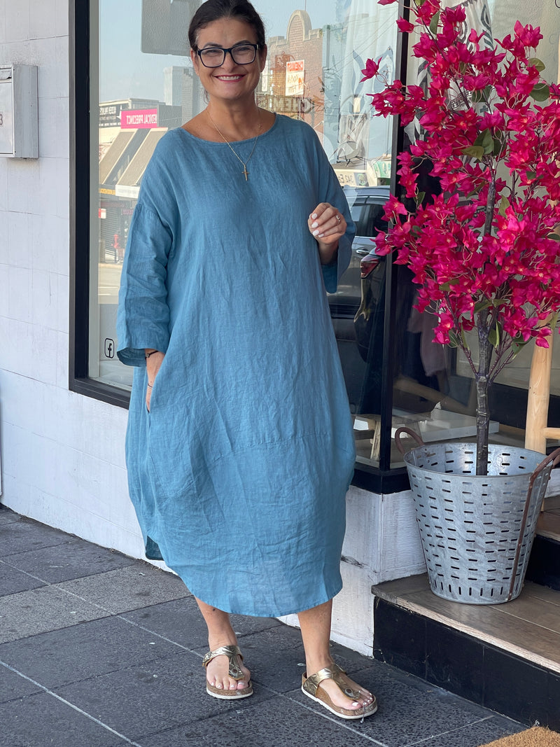 Diane Linen Midi Dress in Powder Blue