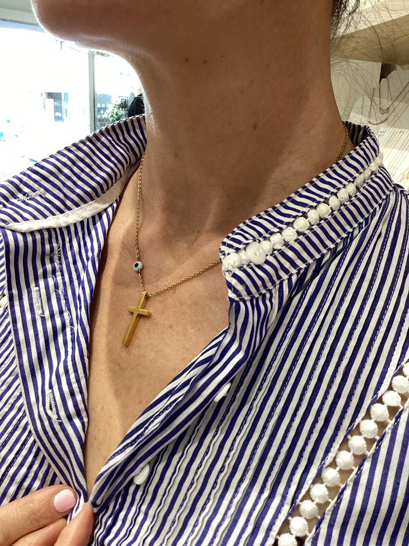 Gold Mati & Large Cross Necklace