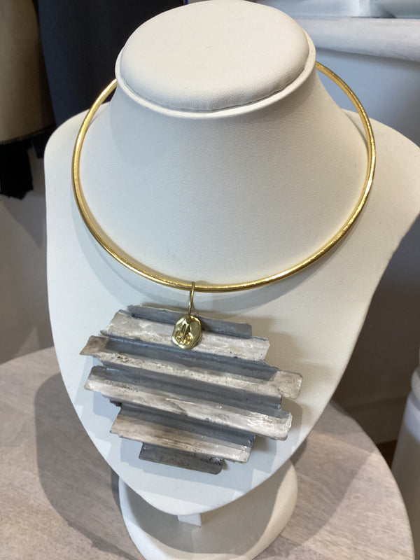 Handmade Gold Choker Necklace with Chunky Ripple Pendant - Marble Grey