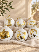WHITE AND GOLD GRECIAN 6 PACK CHRISTMAS BAUBLES