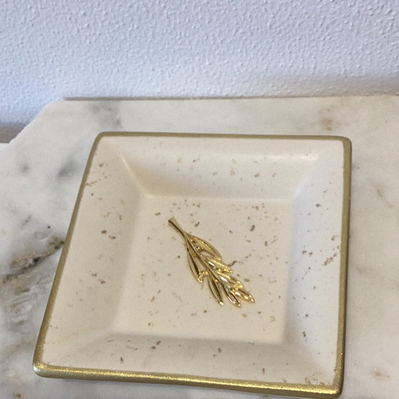 Square Ivory ceramic dish with gold olive branch