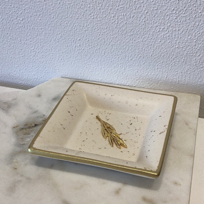Square Ivory ceramic dish with gold olive branch